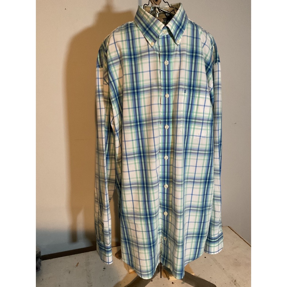 IZOD Premium Essentials Mens XLT Blue Green Plaid Button Down Shirt Long Sleeve